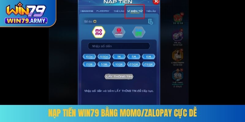 Nạp tiền WIN79 bằng momo/zalopay cực dễ